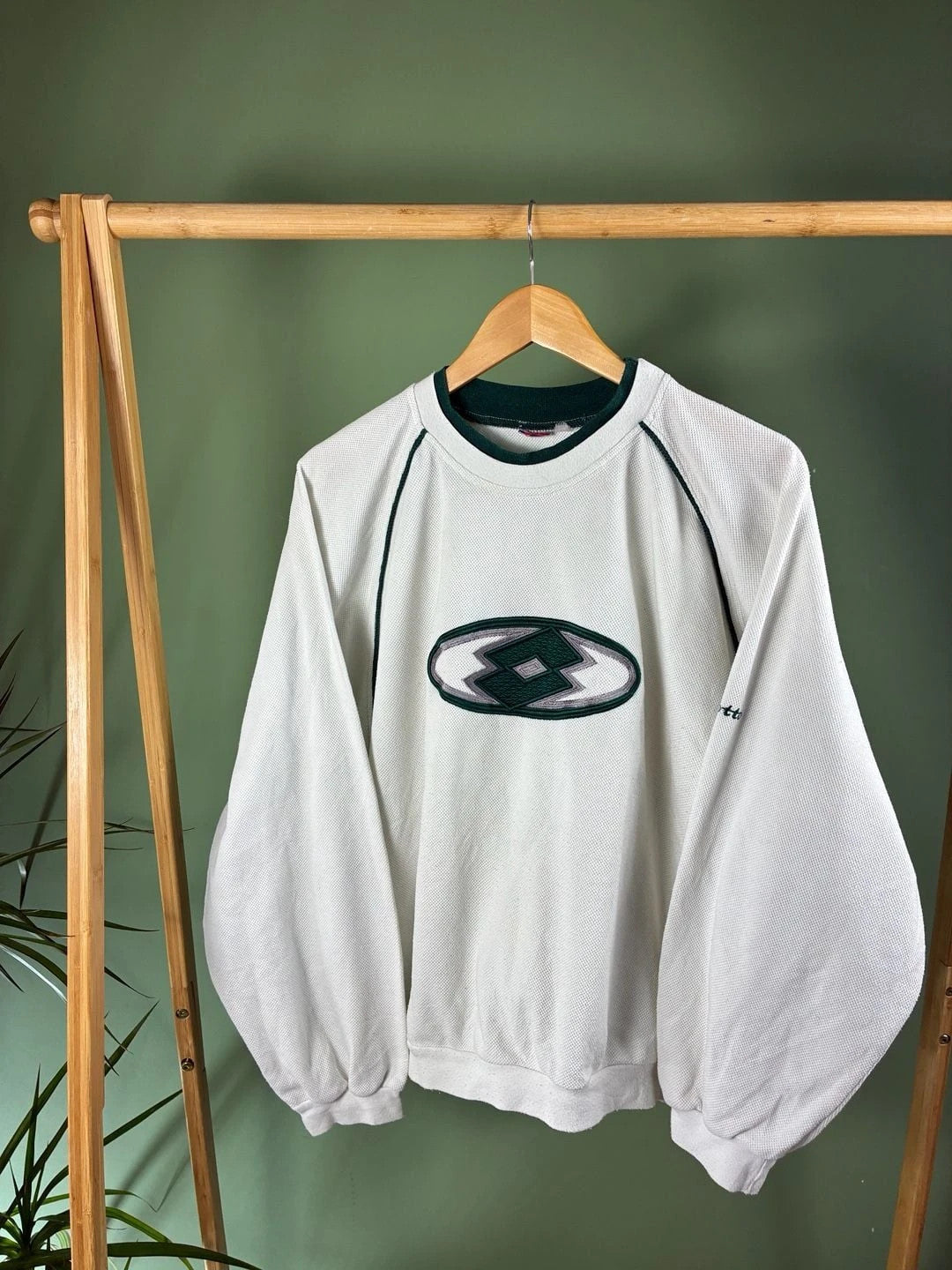 Vintage 90s Lotto Waffle Knit Crewneck Sweatshirt White Green