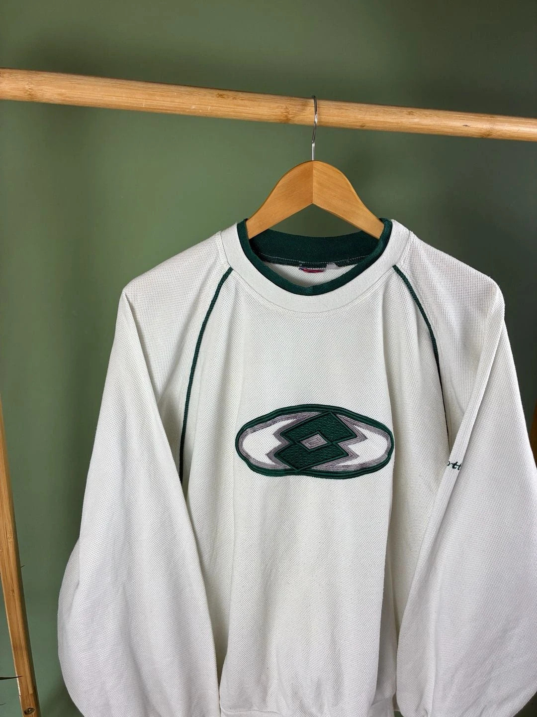 Vintage 90s Lotto Waffle Knit Crewneck Sweatshirt White Green